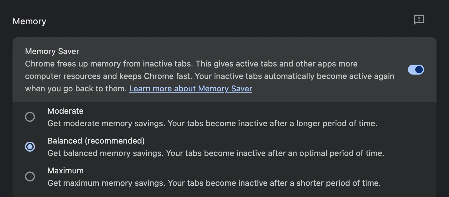 Chrome's Settings, Performance page: the Memory section with Memory Saver switched on.