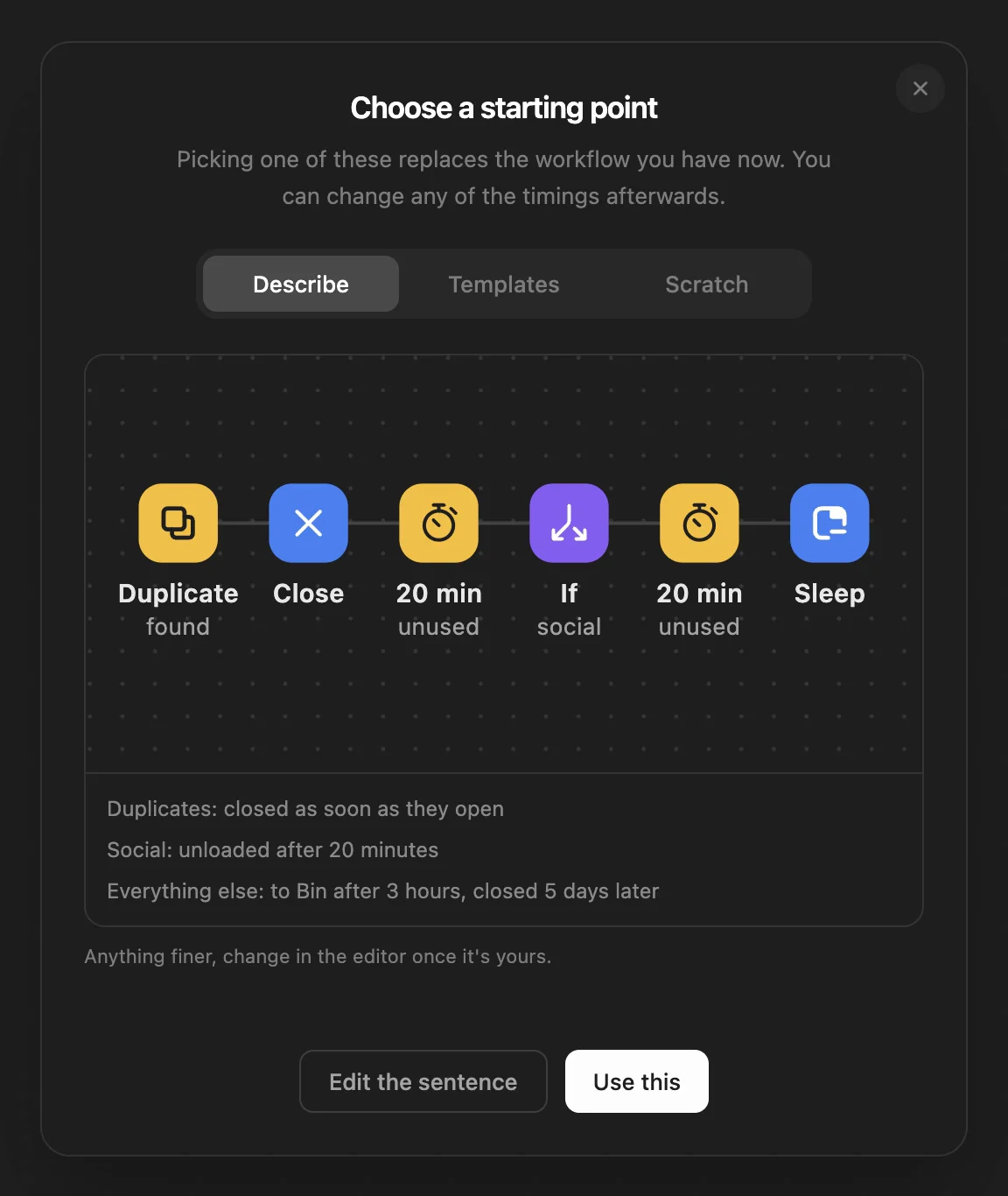 Typing "Close duplicate tabs, put social media to sleep after 20 minutes, and move everything else to Bin after a few hours." into WithFew's Describe box, pressing Generate, and the workflow it builds: Duplicates: closed as soon as they open; Social: unloaded after 20 minutes; Everything else: to Bin after 3 hours, closed 5 days later.