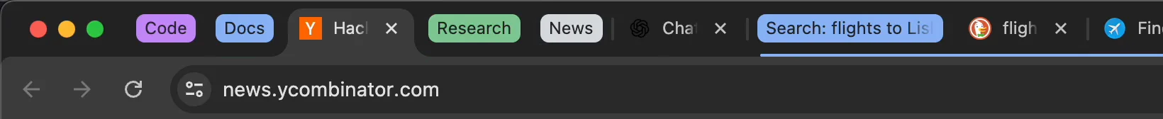 A crowded tab strip sorting itself into named tab groups.