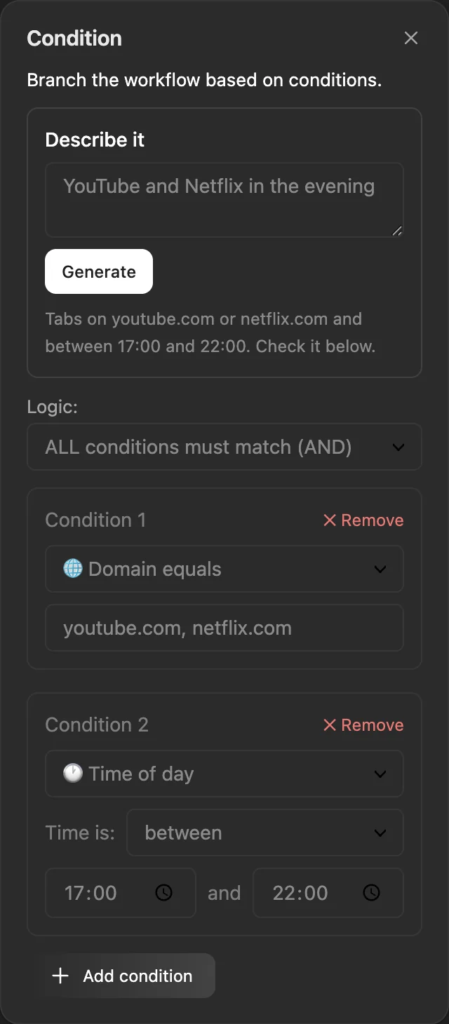 A Condition step in WithFew's editor after "YouTube and Netflix in the evening": tabs on youtube.com or netflix.com, and between 17:00 and 22:00.