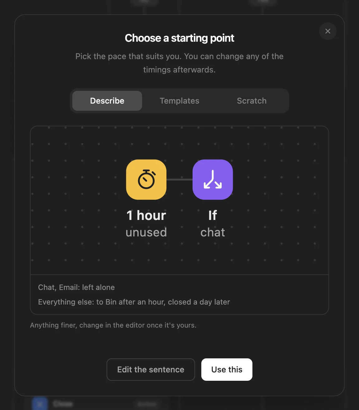 WithFew's "Describe how you work" box, after "Leave my email and chat tabs alone; everything else goes to Bin after an hour and closes after a day.": Chat, Email: left alone; Everything else: to Bin after an hour, closed a day later.