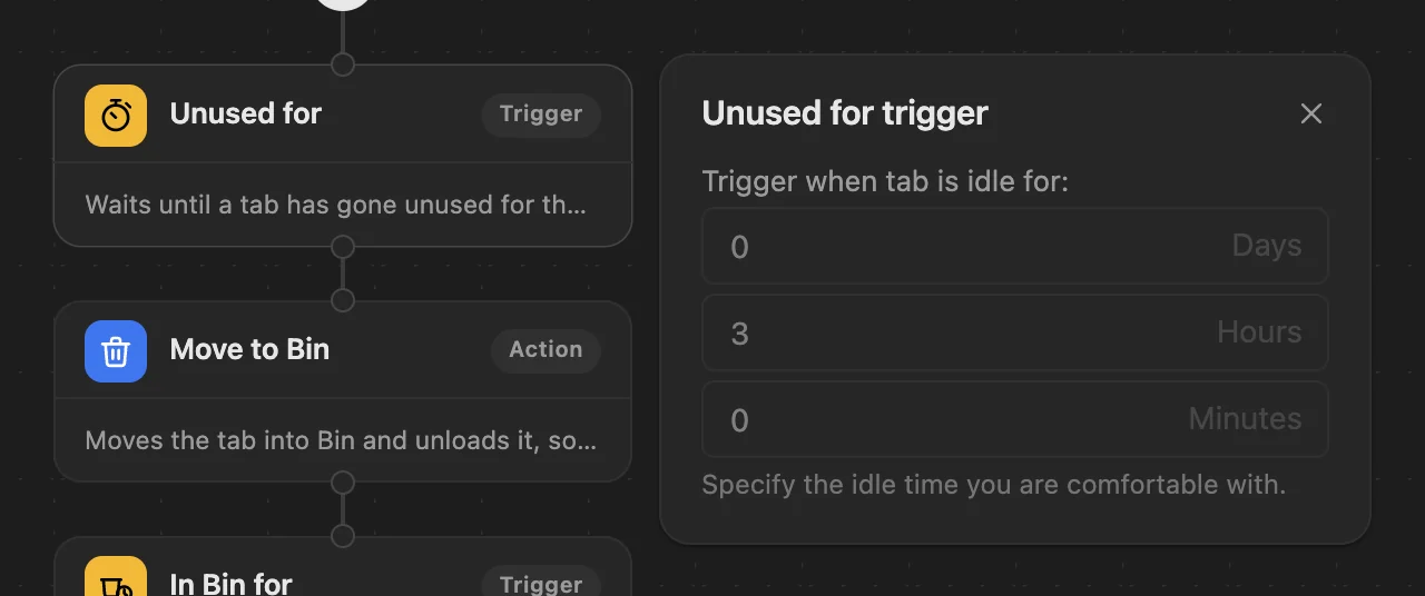 The "Unused for" step in WithFew's editor, set to move tabs to Bin after 3 hours unused.