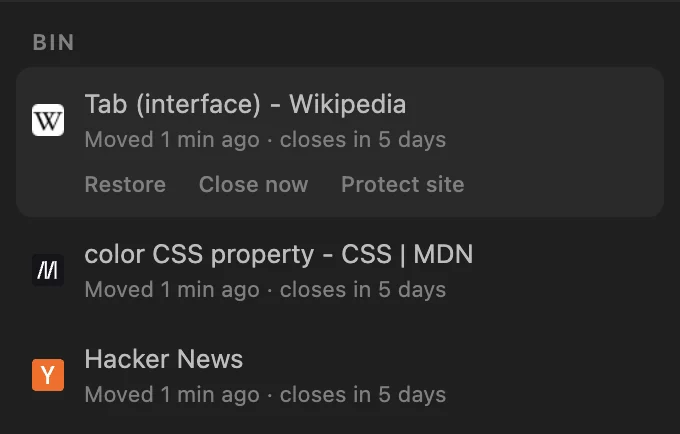 The Bin list in WithFew's popup, with the pointer on a tab: Restore, Close now and Protect site under its title.
