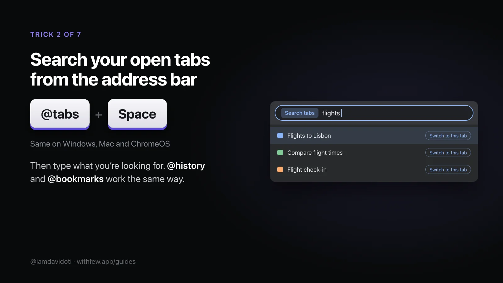 Cheat-sheet card: type @tabs and a space in Chrome’s address bar to search your open tabs. A drawn address bar shows a search for “flights” listing matching tabs, each with “Switch to this tab”.