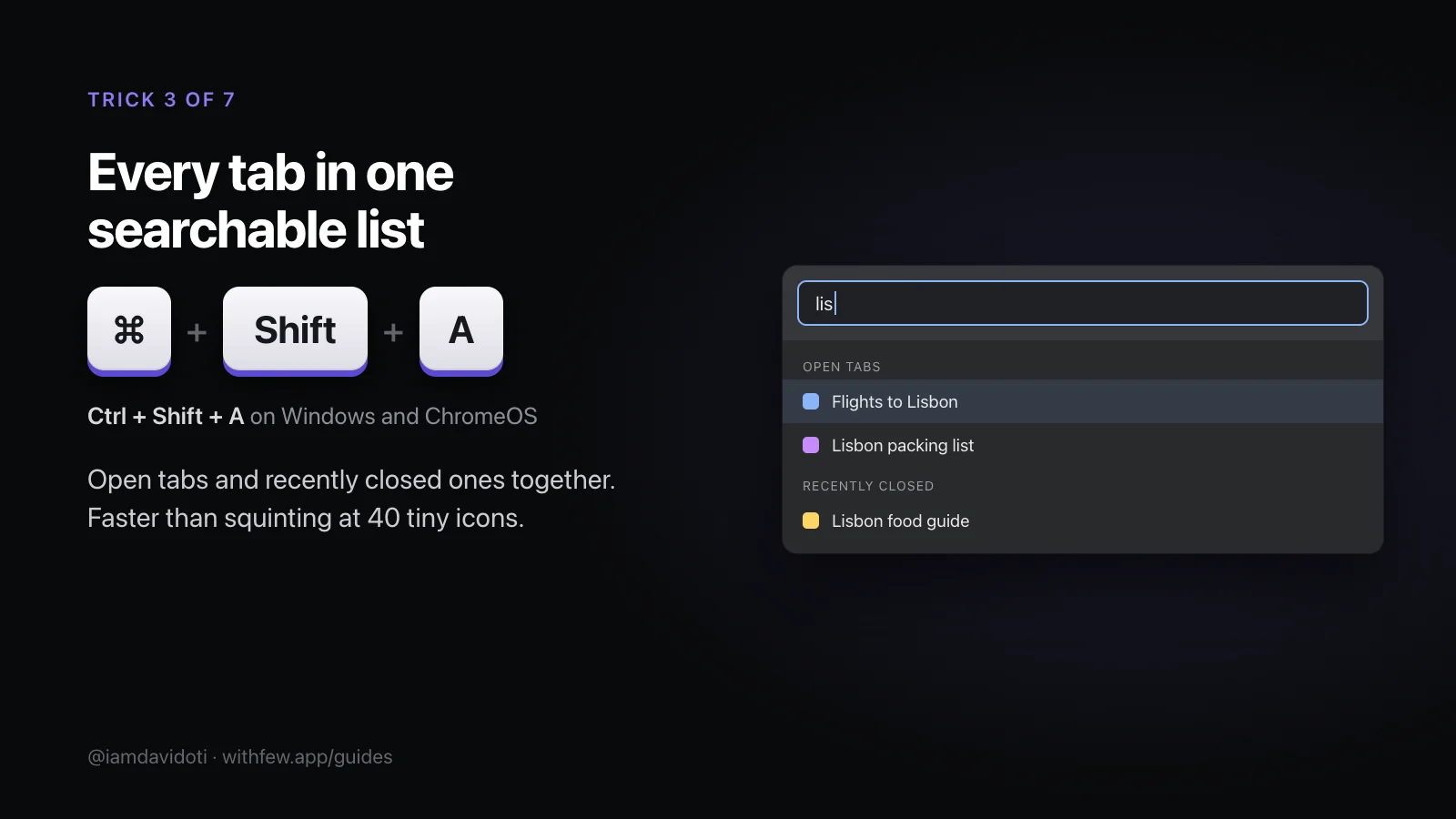 Cheat-sheet card: Command + Shift + A on a Mac, or Ctrl + Shift + A on Windows, opens tab search, listing open tabs and recently closed ones.