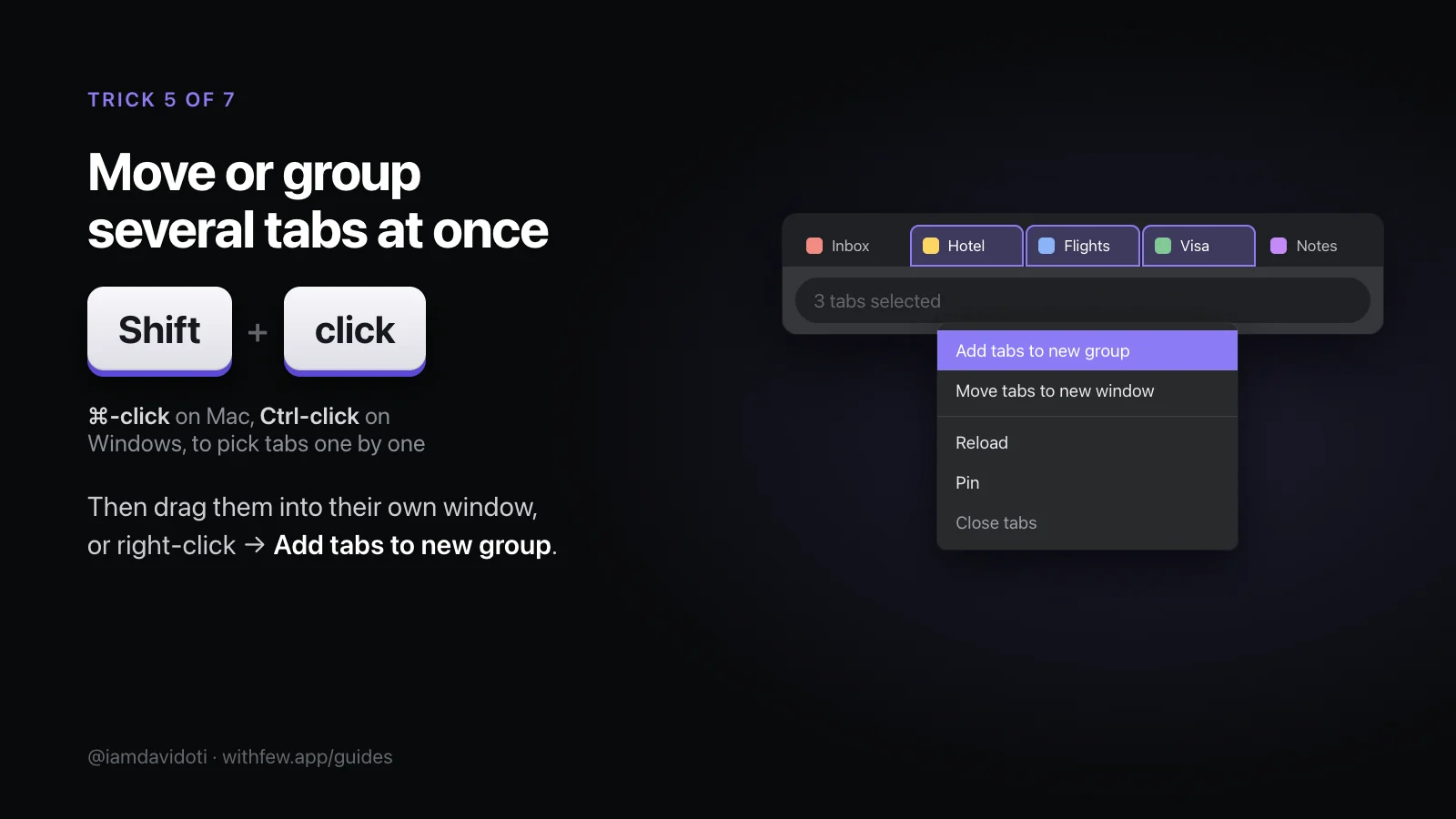 Cheat-sheet card: Shift-click selects several tabs, and Command- or Ctrl-click picks them one by one. A drawn menu offers “Add tabs to new group” and “Move tabs to new window”.