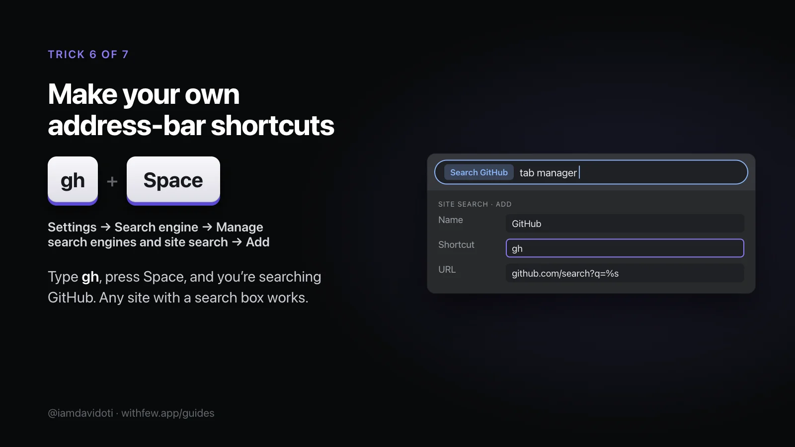 Cheat-sheet card: make your own address-bar shortcuts in Settings, Search engine, Manage search engines and site search. Typing gh and a space searches GitHub.